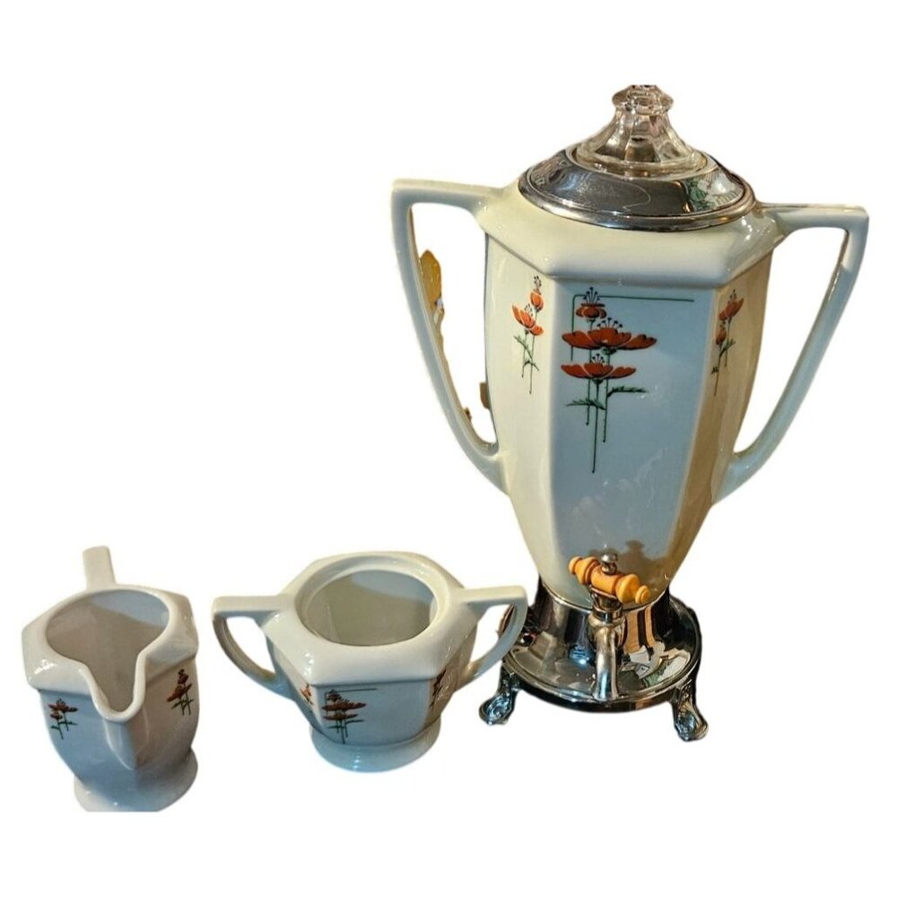 Vintage Coffee Peculator Royal Rochester Hand-Painted Creamer & Sugar READ